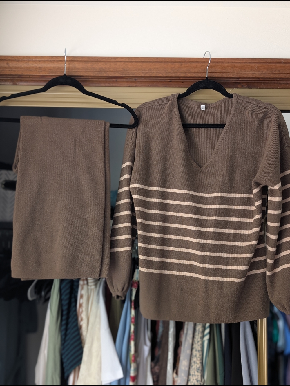 V-Neck Striped Knit Sweater in Taupe by